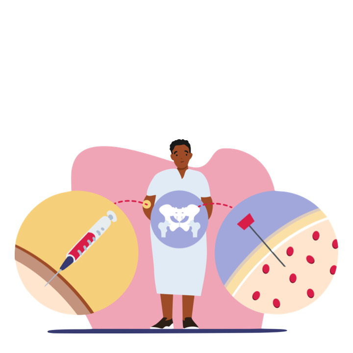 Image of patient with 2 zoomed out sections showing a blood test and bone marrow test 